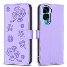 Leather Case Stands Flip Flowers Cover Holder BF1 for Huawei Honor 90 Lite 5G Purple