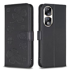 Leather Case Stands Flip Flowers Cover Holder BF1 for Huawei Honor 90 Pro 5G Black