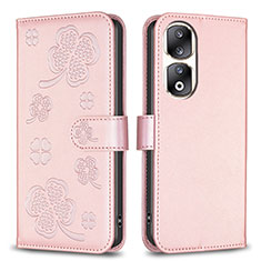Leather Case Stands Flip Flowers Cover Holder BF1 for Huawei Honor 90 Pro 5G Rose Gold