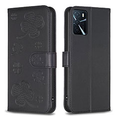 Leather Case Stands Flip Flowers Cover Holder BF1 for Oppo A16 Black