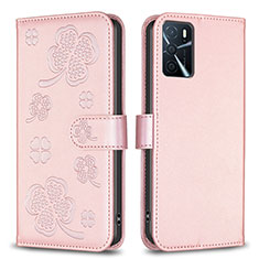 Leather Case Stands Flip Flowers Cover Holder BF1 for Oppo A16 Rose Gold