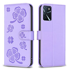 Leather Case Stands Flip Flowers Cover Holder BF1 for Oppo A16s Purple