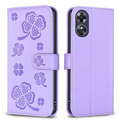 Leather Case Stands Flip Flowers Cover Holder BF1 for Oppo A17 Purple