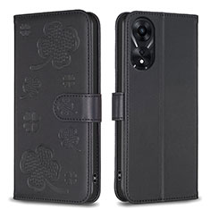 Leather Case Stands Flip Flowers Cover Holder BF1 for Oppo A58 5G Black