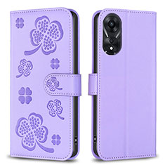 Leather Case Stands Flip Flowers Cover Holder BF1 for Oppo A58 5G Purple