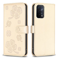 Leather Case Stands Flip Flowers Cover Holder BF1 for Oppo A74 5G Gold