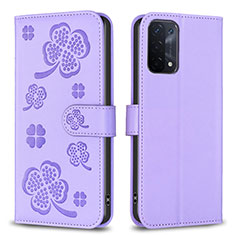 Leather Case Stands Flip Flowers Cover Holder BF1 for Oppo A74 5G Purple