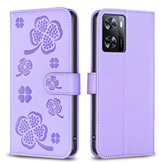 Leather Case Stands Flip Flowers Cover Holder BF1 for Oppo A77 4G Purple