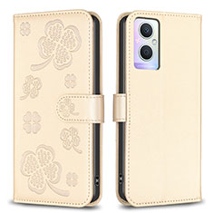 Leather Case Stands Flip Flowers Cover Holder BF1 for Oppo A96 5G Gold