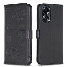 Leather Case Stands Flip Flowers Cover Holder BF1 for Oppo A98 5G Black