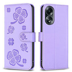 Leather Case Stands Flip Flowers Cover Holder BF1 for Oppo A98 5G Purple