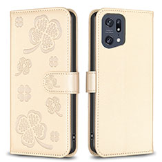 Leather Case Stands Flip Flowers Cover Holder BF1 for Oppo Find X5 Pro 5G Gold