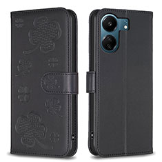 Leather Case Stands Flip Flowers Cover Holder BF1 for Xiaomi Redmi 13C Black