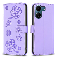 Leather Case Stands Flip Flowers Cover Holder BF1 for Xiaomi Redmi 13C Purple