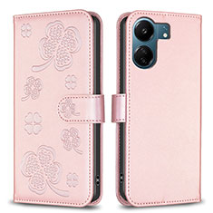 Leather Case Stands Flip Flowers Cover Holder BF1 for Xiaomi Redmi 13C Rose Gold
