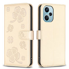 Leather Case Stands Flip Flowers Cover Holder BF1 for Xiaomi Redmi Note 12 Turbo 5G Gold