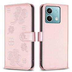 Leather Case Stands Flip Flowers Cover Holder BF1 for Xiaomi Redmi Note 13 5G Rose Gold