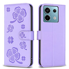 Leather Case Stands Flip Flowers Cover Holder BF1 for Xiaomi Redmi Note 13 Pro 5G Purple