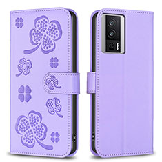 Leather Case Stands Flip Flowers Cover Holder BF2 for Xiaomi Redmi K60 5G Purple