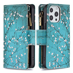 Leather Case Stands Flip Flowers Cover Holder for Apple iPhone 13 Pro Cyan