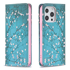 Leather Case Stands Flip Flowers Cover Holder for Apple iPhone 13 Pro Sky Blue