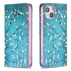 Leather Case Stands Flip Flowers Cover Holder for Apple iPhone 14 Plus Cyan