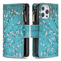 Leather Case Stands Flip Flowers Cover Holder for Apple iPhone 15 Pro Cyan
