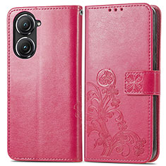 Leather Case Stands Flip Flowers Cover Holder for Asus Zenfone 9 Hot Pink