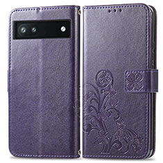 Leather Case Stands Flip Flowers Cover Holder for Google Pixel 6a 5G Purple