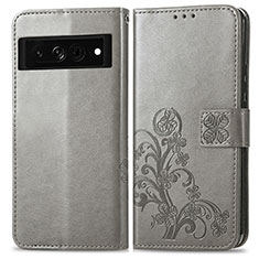 Leather Case Stands Flip Flowers Cover Holder for Google Pixel 7 Pro 5G Gray
