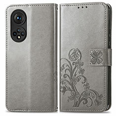 Leather Case Stands Flip Flowers Cover Holder for Huawei Honor 50 Pro 5G Gray