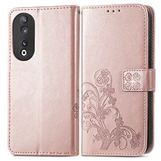 Leather Case Stands Flip Flowers Cover Holder for Huawei Honor 90 5G Rose Gold