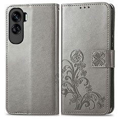 Leather Case Stands Flip Flowers Cover Holder for Huawei Honor 90 Lite 5G Gray
