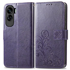 Leather Case Stands Flip Flowers Cover Holder for Huawei Honor 90 Lite 5G Purple