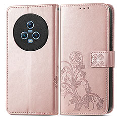 Leather Case Stands Flip Flowers Cover Holder for Huawei Honor Magic5 5G Rose Gold