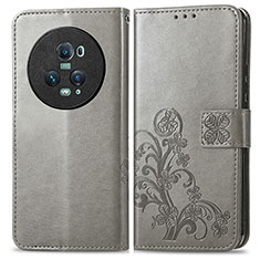 Leather Case Stands Flip Flowers Cover Holder for Huawei Honor Magic5 Pro 5G Gray
