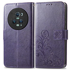 Leather Case Stands Flip Flowers Cover Holder for Huawei Honor Magic5 Pro 5G Purple