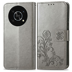 Leather Case Stands Flip Flowers Cover Holder for Huawei Honor X9 5G Gray