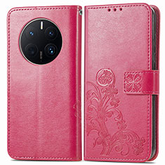 Leather Case Stands Flip Flowers Cover Holder for Huawei Mate 50 Pro Hot Pink