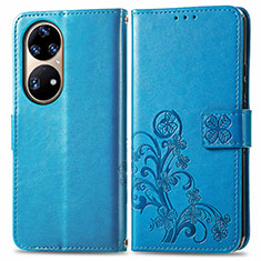 Leather Case Stands Flip Flowers Cover Holder for Huawei P50 Pro Blue
