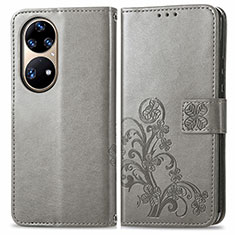 Leather Case Stands Flip Flowers Cover Holder for Huawei P50 Pro Gray