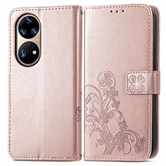 Leather Case Stands Flip Flowers Cover Holder for Huawei P50 Pro Pink