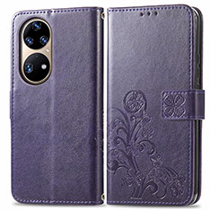 Leather Case Stands Flip Flowers Cover Holder for Huawei P50 Pro Purple