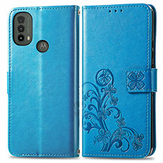 Leather Case Stands Flip Flowers Cover Holder for Motorola Moto E20 Blue