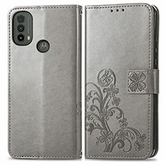 Leather Case Stands Flip Flowers Cover Holder for Motorola Moto E20 Gray