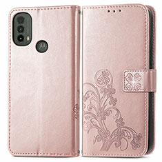 Leather Case Stands Flip Flowers Cover Holder for Motorola Moto E30 Pink