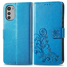Leather Case Stands Flip Flowers Cover Holder for Motorola Moto E32 Blue