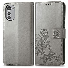 Leather Case Stands Flip Flowers Cover Holder for Motorola Moto E32 Gray
