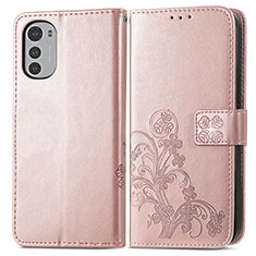 Leather Case Stands Flip Flowers Cover Holder for Motorola Moto E32 Pink