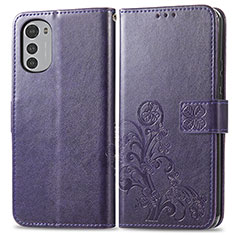 Leather Case Stands Flip Flowers Cover Holder for Motorola Moto E32s Purple